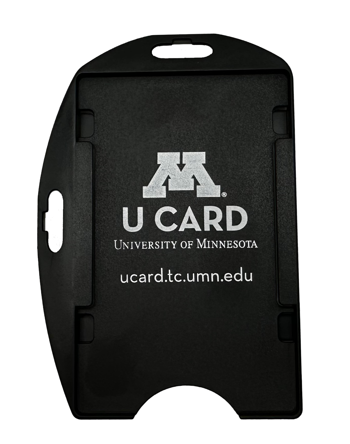 U Card hard holder - shows a black holder with block M, "U Card" and "University of Minnesota" in text, along with the U card website address.